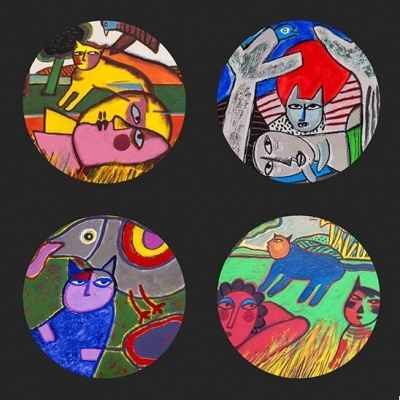 Set de 4 sous verre décors chats par l\'artiste corneille 3dMouseion -CS13COR