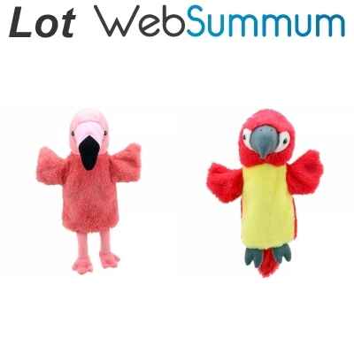 Lot 2 marionnettes à main oiseaux flamand rose et perroquet -LWS-482